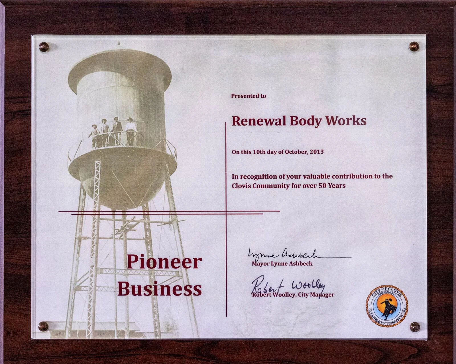 City of Clovis Pioneer Business award plaque presented to Renewal Body Works on October 10, 2013